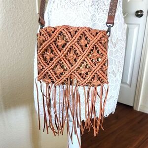 Anthropologie HOLDING HORSES Leather Macrame Retro 60's Western Boho Bag